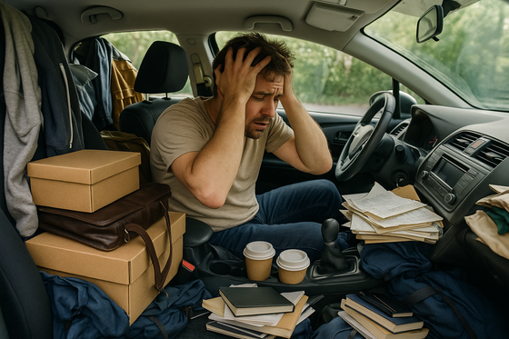 Frustrated guy in his car with too many belongings and its messy
